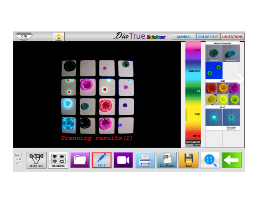 DiaTrue CS2 PRO multi-stone analysis and color-coded screening results